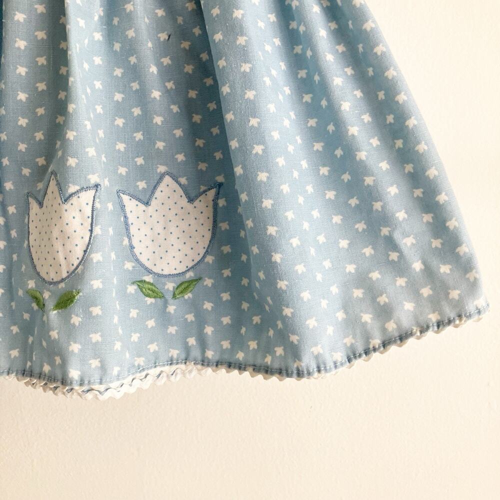 VTG Girls 2T Tulip Dress Applique Ruffle Pintuck Buttons Tie Blue Print 70s 80s - Picture 5 of 6